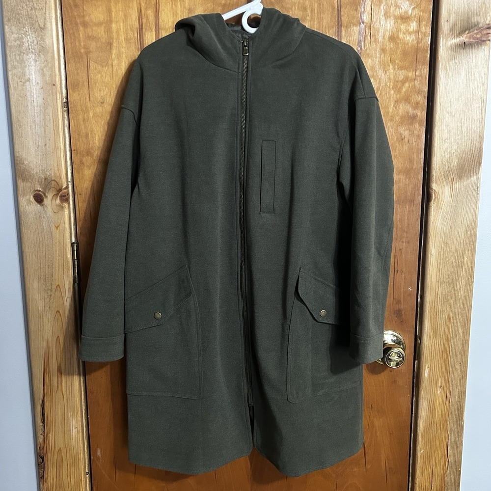 Womens Hooded Trench Coat XL Olive Green Heavy Button Front‎